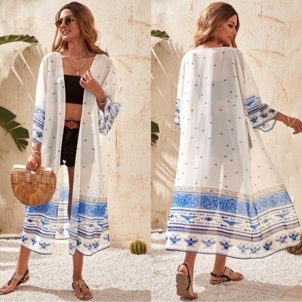 2/$25 Geometric Print Open Front Long Kimono